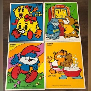 4 VTG Playskool Wooden Puzzles Smurfs Garfield Pac Baby & Shirt Tales COMPLETE